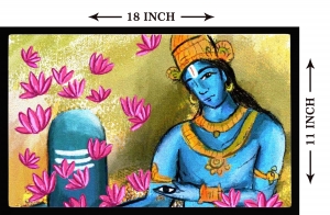 PIPILIKA® Home Decor | Art:-19818 | Vishnu offering Lotus & His Eye to Shiva | Famous Painting | 18 inch X 11 inch | With 1 Inch Framing | Wall Decor Painting