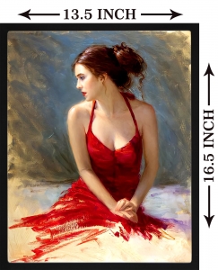 PIPILIKA® Home Decor | UV Laminated | Beautiful Women Lady in Red Dress Portrait Painting Picture - With Framing | SIZE: 13.5 inch X 16.5 inch | 1 Inch Framing | Wall Decor Painting | Art:-198184