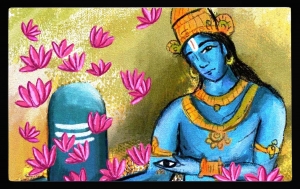 PIPILIKA® Home Decor | Art:-19818 | Vishnu offering Lotus & His Eye to Shiva | Famous Painting | 18 inch X 11 inch | With 1 Inch Framing | Wall Decor Painting